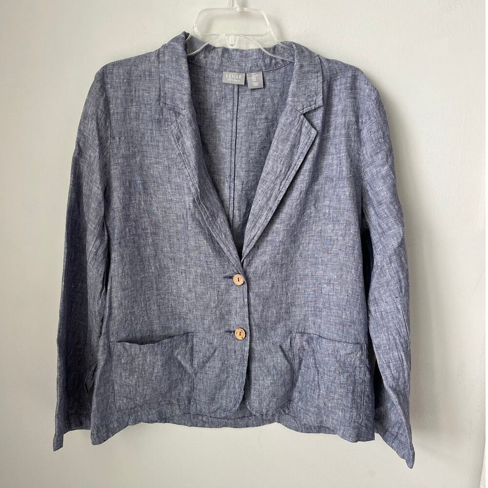 Kenar Linen Jacket Blue Lightweight Casual Office Minimalist Preppy Pocket Large
